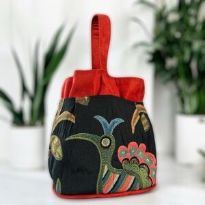 Atenti Birdy Black Orange Blue Vintage Tapestry Fabric Bag Purse Tote